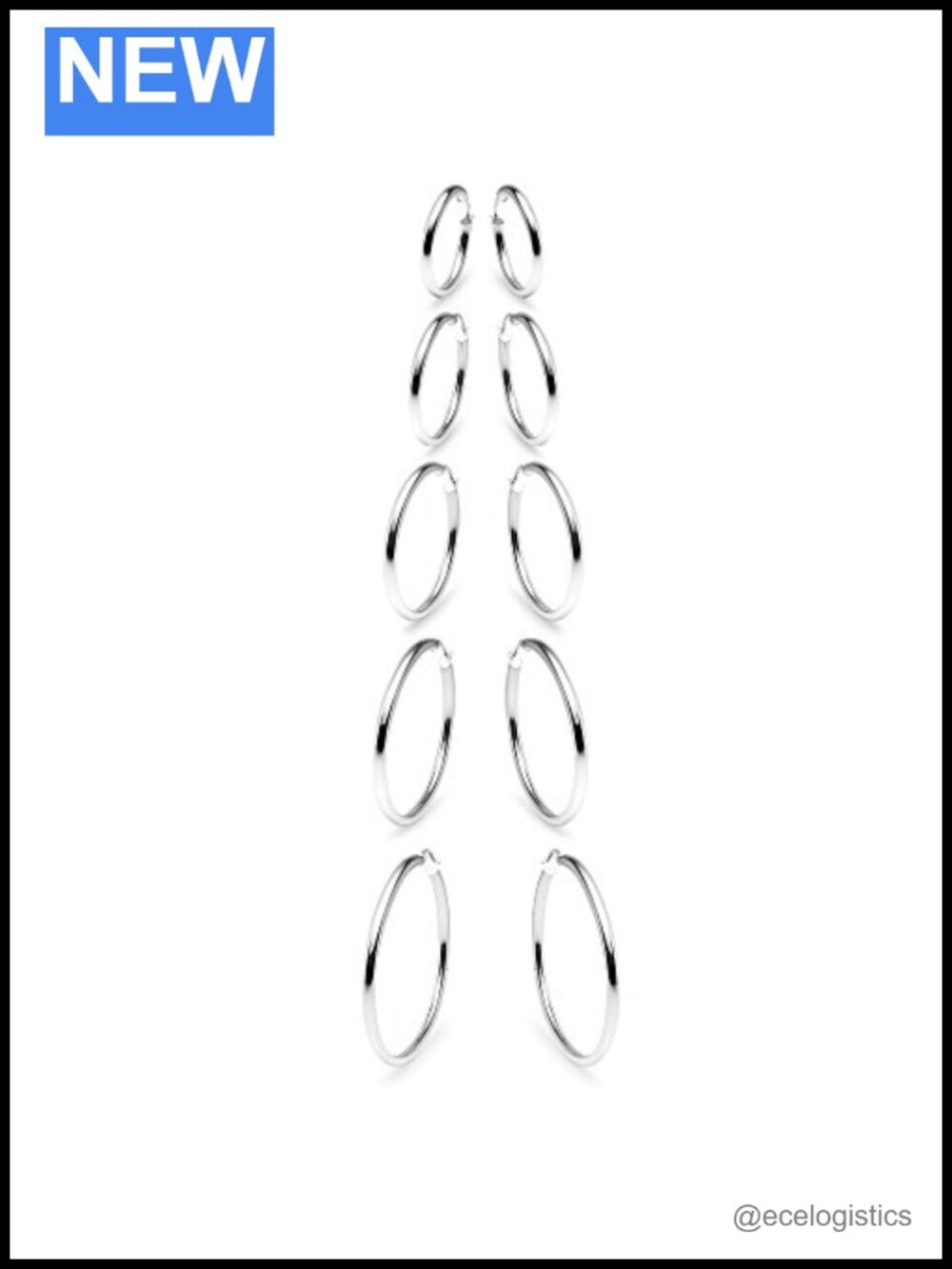 5 Pair Set Sterling Silver 3mm Polished Round Hoop Earrings 30-50mm